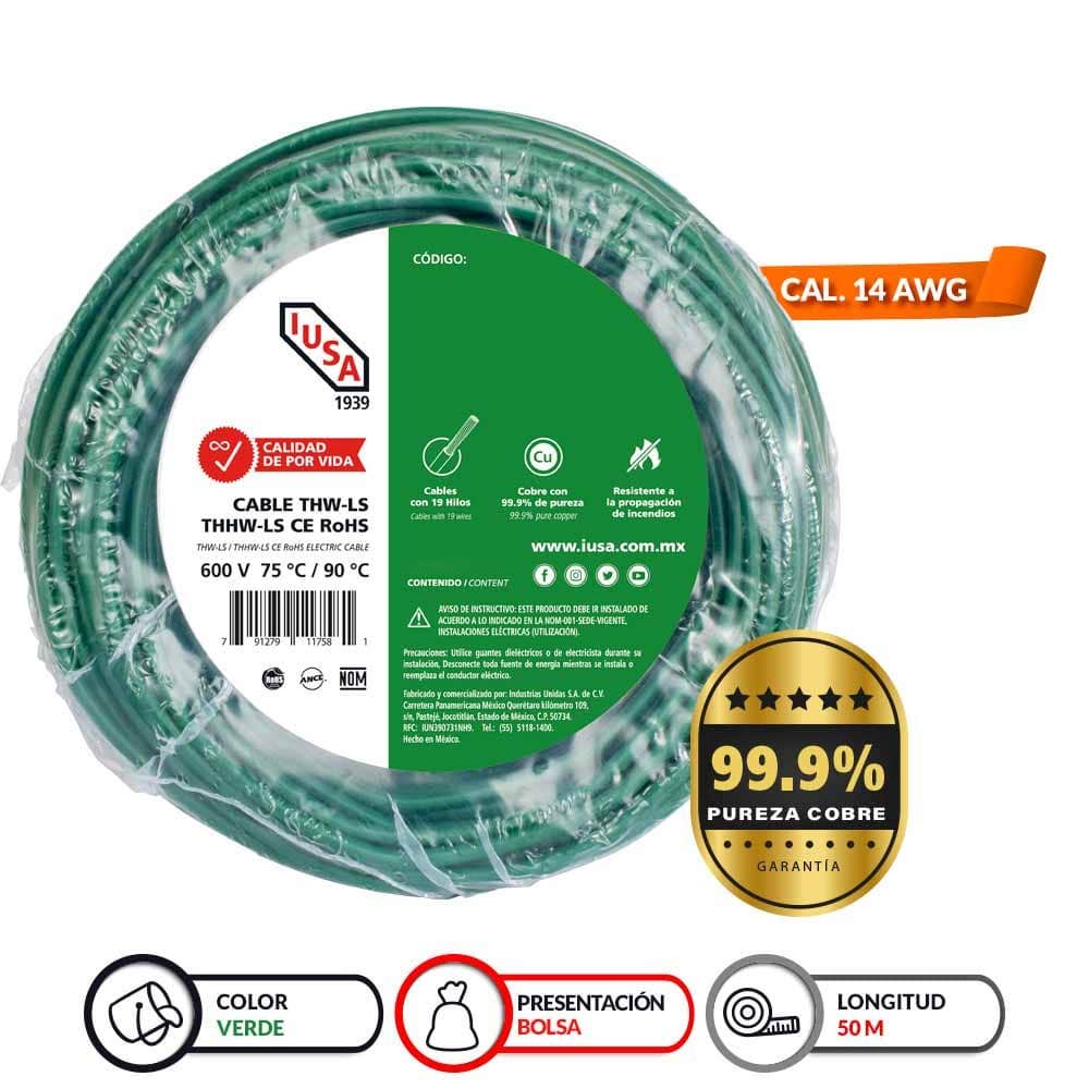 IUSA - Cable THHW-LS ROHS IUSA Calibre 14 AWG verde 50M