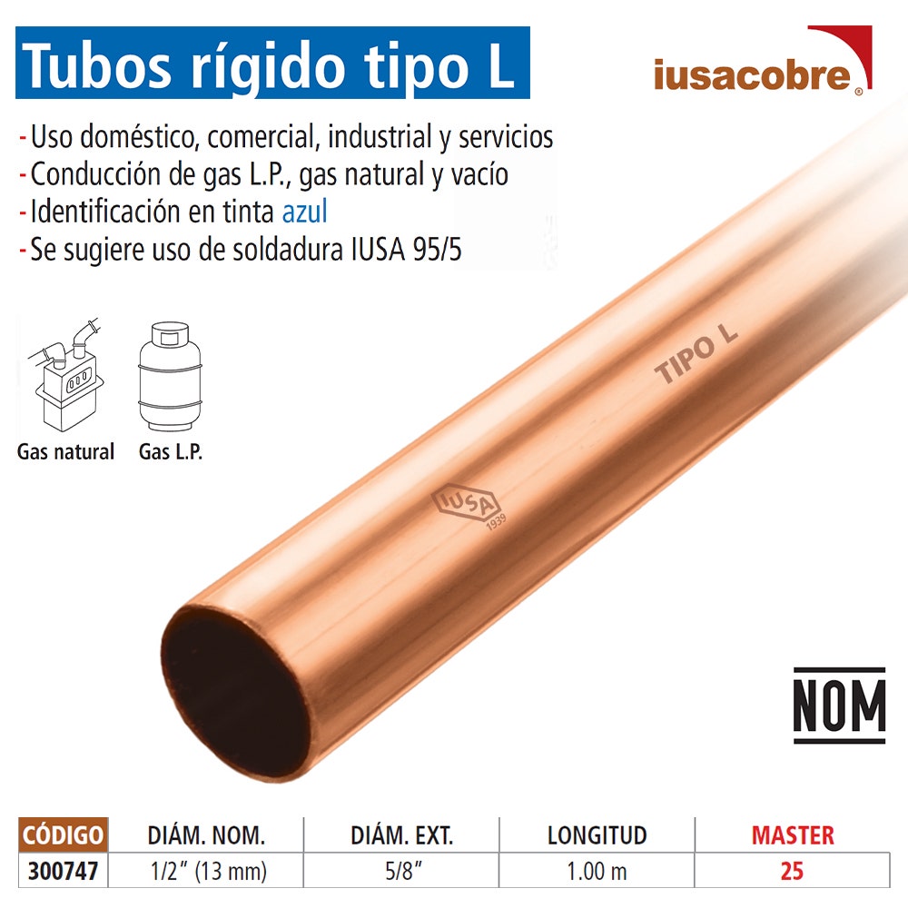 IUSA - Tubo rígido tipo l tramo de 1/2”, 13 mm x 1 m