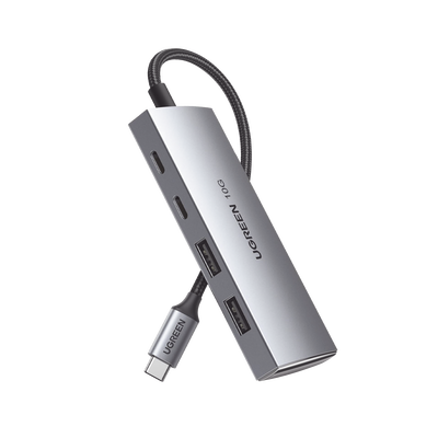 UGREEN - HUB USB-C 3.2 4 en 1 | 2 Puertos USB-C 3.2 (10 Gbps) | 2 Puertos USB-A 3.2 (10 Gbps) |  Admite OTG | Compatible con MacBook, Chormebook, iMac, iPad Pro, iOS, Windows, Mac OS, Android | Carcasa de Aluminio | Nylon Trenzado.