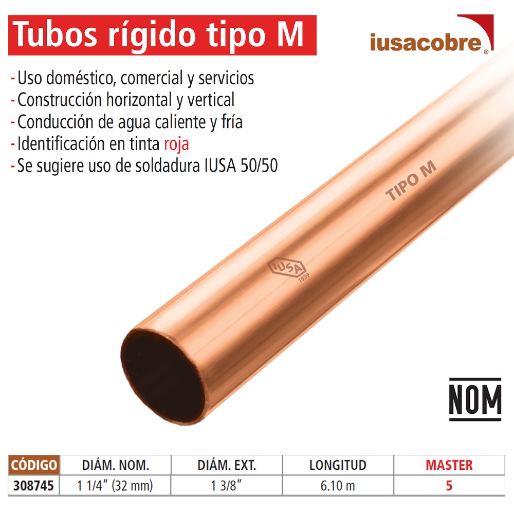 IUSA - Tubo rígido tipo m de cobre tramo de 6.1 m 1 1/4”