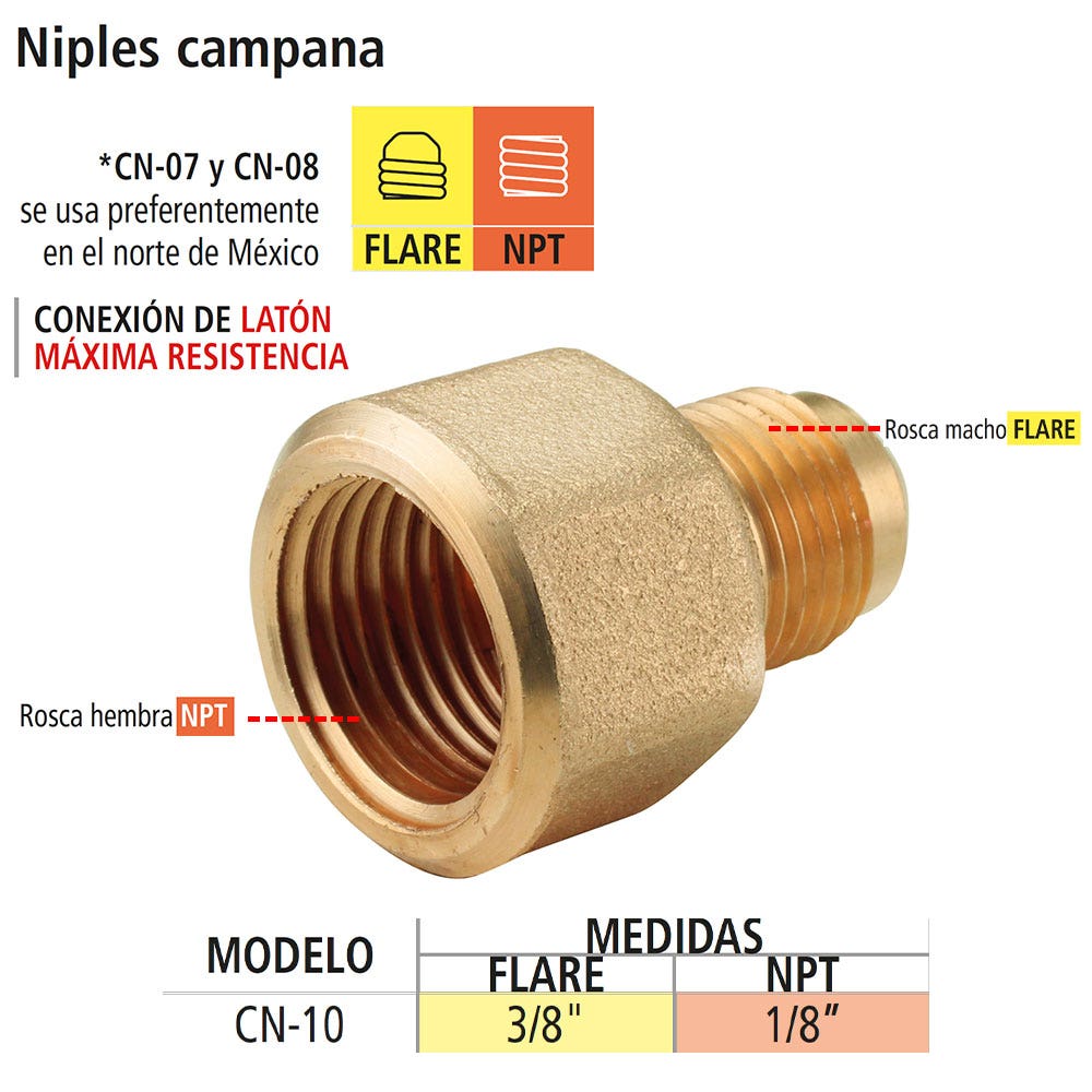 IUSA - Niple campana 3/8” x 1/8” para conexiones de gas