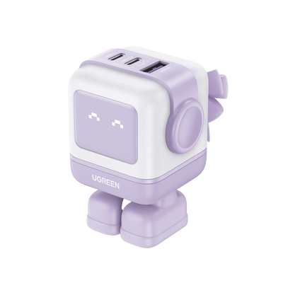 UGREEN - Cargador RobotGaN de 65W Serie UNO | 3 Puertos de Carga Rápida | 2 USB-C | 1 USB-A | PD 3.0 | QC 4.0 | Carga Inteligente | Tecnología GaN II | Zapato Magnético Extraíble | Carcasa Ignífuga | Pantalla LED