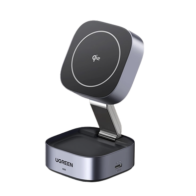 UGREEN - Cargador Inalámbrico 2 en 1 25W / Tecnología Magnética Qi 2 / 15W para Teléfono + 5W para Auriculares / Puerto USB-C 5W / Protecciones Múltiples / Cable USB-C Incluido