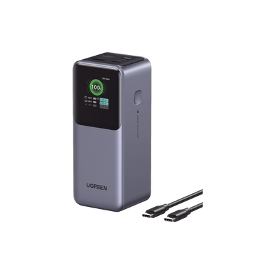 UGREEN - Power Bank de 20000mAh | 3 Salidas 130W Max. | USB-A + 2 USB-C | PD 3.0 | QC3.0 | FCP | SCP | Pantalla Inteligente | Carcasa Ignifuga | Color Gris | Incluye Cable USB de 50cm | Carga tu Laptop de Manera Segura.
