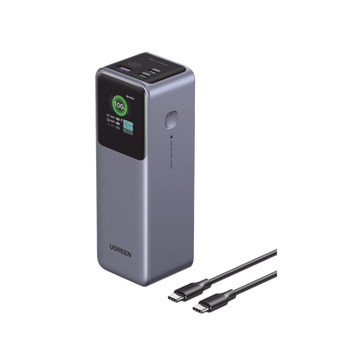 UGREEN - Power Bank de 25000mAh | 3 Salidas 200W Max. | USB-A + 2 USB-C | PD 3.0, QC3.0 | FCP | SCP | Pantalla Inteligente | Carcasa Ignifuga | Color Gris | Incluye Cable USB de 50cm | Carga tu Laptop de Manera Segura.