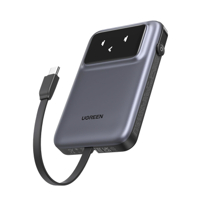 UGREEN - Power Bank Serie Uno |  10000mAh | 30W |  con Cable USB-C Incorporado | 2 Salidas 30W Max. | Pantalla Inteligente | Carcasa Ignifuga | Aprobado por Aerolíneas.| Color Grey.