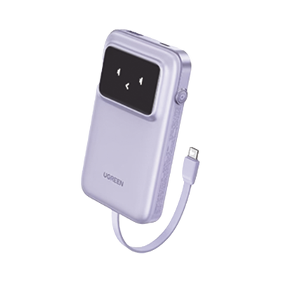 UGREEN - Power Bank Serie Uno |  10000mAh | 30W |  con Cable USB-C Incorporado | 2 Salidas 30W Max. | Pantalla Inteligente | Carcasa Ignifuga | Aprobado por Aerolíneas.| Color Purple.
