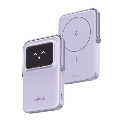 UGREEN - Power Bank Inalambrico | 5000mAh | 7.5W  |  Con Emojis de Estado | Carga Rápida USB-C Bidireccional  | Pantalla TFT  Inteligente | 13 niveles de Proteccion | Con Holder | Color Purple.