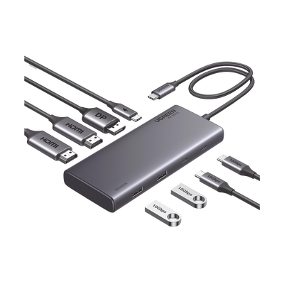 UGREEN - HUB USB-C (Docking Revodok 308) 8 en 1 | 2 Puertos HDMI 4K@60Hz | 1 Puerto DisplayPort 4K@60Hz 2 USB-A 10Gbps) | 2 USB-C (10Gbps) | USB-C PD Carga 100W | Chip de Ultima Generacion | Carcasa de Aluminio.