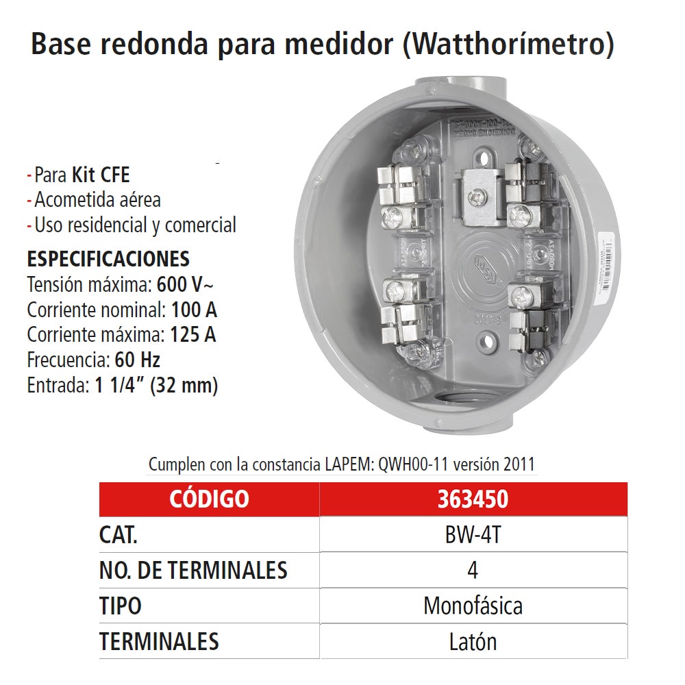 IUSA - Base medidor de luz, 4 terminales de latón