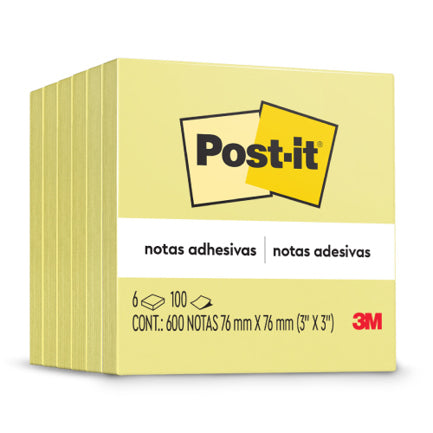 3M - Notas Adhesivas 3M Post it 3x3 con 100 Hojas Paquete C/6 Block Color Amarillo
