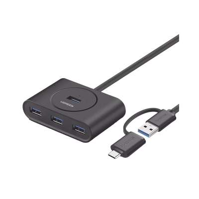 UGREEN - HUB USB-A y C 3.0 4 en 1 | Con Conector USB-C y USB-A | 4 Puertos USB-A 3.0 (5Gbps) | Cable de 25cm | Indicador Led | Ideal para Transferencia de Datos | Entrada Micro USB para alimentar equipos de mayor consumo.