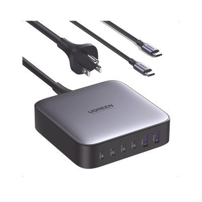UGREEN - Cargador de 200W serie Nexode / 6 Puertos de Carga Rápida / 4 USB-C / 2 USB-A / Tecnología GaN II +SIC / Power Delivery 3.0 / Quick Charge 4.0 / Chip Confiable y Carga Inteligente / Optimiza la Experiencia de Carga / Incluye Cable de Carga U