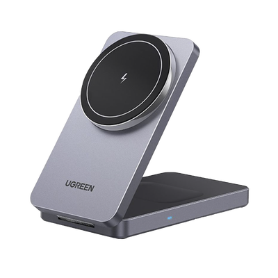 UGREEN - Cargador Inalámbrico 2 en 1 20W / Tecnología Qi2 15W Certificada / Carga Simultánea iPhone y AirPods / Ángulo Ajustable 70° / Diseño Plegable y Portátil / Compatibilidad Universal