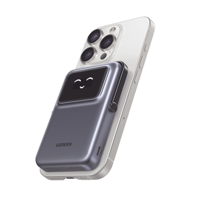 UGREEN - Power Bank Serie UNO Inalambrico | 10000mAh | 7.5W/20W  |  Con Emojis de Estado | Carga Rápida USB-C Bidireccional  | Pantalla TFT  Inteligente | Con Holder | Color Grey.