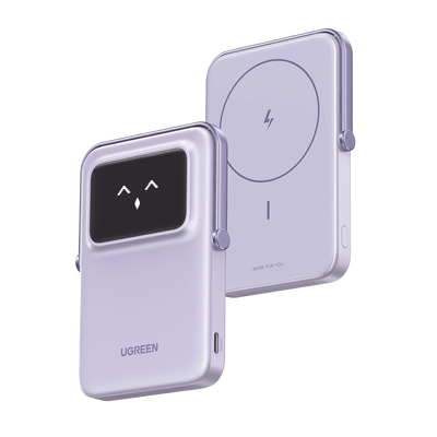 UGREEN - Power Bank Serie UNO Inalambrico | 10000mAh | 7.5W/20W  |  Con Emojis de Estado | Carga Rápida USB-C Bidireccional  | Pantalla TFT  Inteligente | Con Holder | Color Purple.