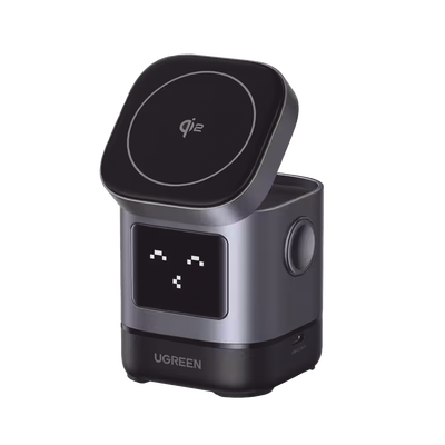 UGREEN - Cargador Inalámbrico Robot 2 en 1 UGREEN Qi2 / 15W Ultra Rápido para iPhone / 5W para AirPods / Pantalla Inteligente con Expresiones / Imanes N48H / Puerto USB-C 5W para Apple Watch / Compatibilidad MPP