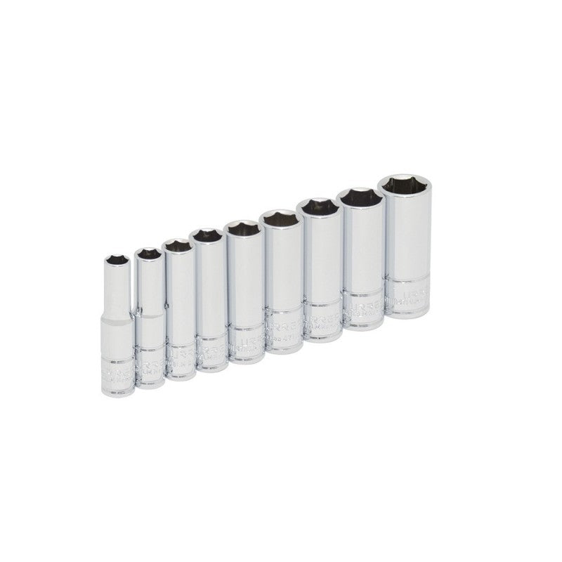 Juego de 9 dados largos métricos cuadro 1/4 pulgadas en riel