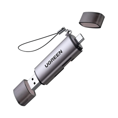 UGREEN - Lector de Tarjetas USB-C + USB-A a MicroSD (TF)/SD | OTG | USB-C 3.1 | 5Gbps | Soporta hasta 2TB | Soporta Windows/Mac OS/Linux/Android | Lectura de Tarjetas Simultánea | Caja de Aluminio | Llavero Anti-perdida.
