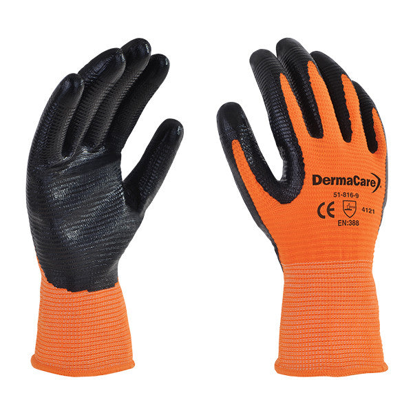 Guante Nylon Naranja Y Nitrilo Solido Acanalado En Palma Dermacare