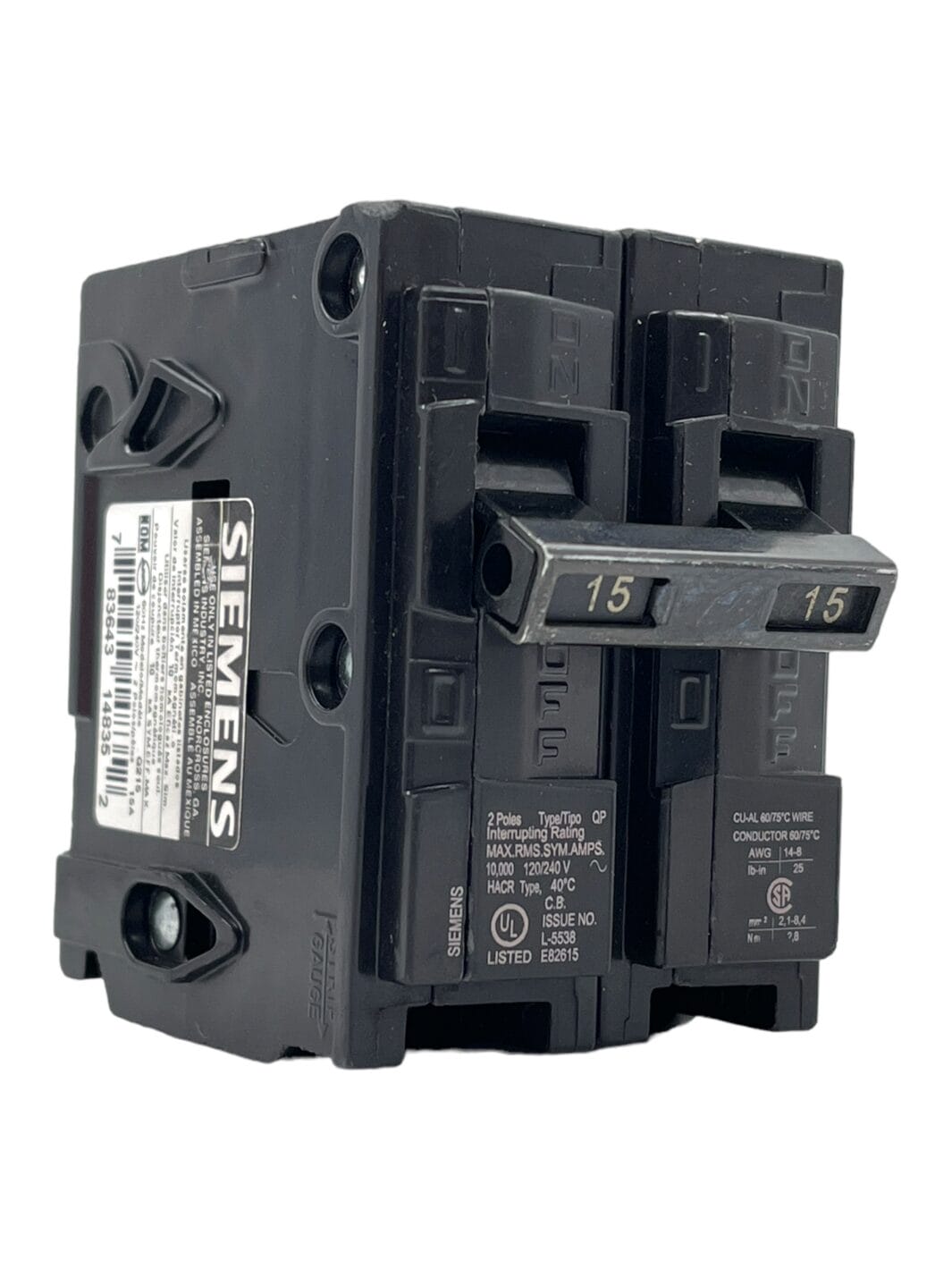 SIEMENS - Interruptor automático enchufable tipo QP 2 polos, 15 amp