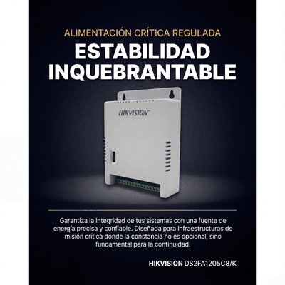 HIKVISION - Fuente de Poder Regulada 12 Vcc / 13.5 Vcc / 15 Vcc para 8 Cámaras / 8 Amperes (1 Amp por Salida) / Voltaje de Entrada 90 - 130 VCA / Filtro de Ruido para Cámaras 4K / Modo para Largas Distancias