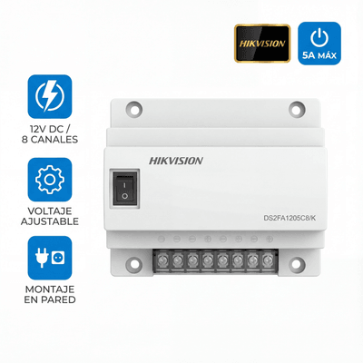 HIKVISION - Fuente de Poder Regulada 12 Vcc / 13.5 Vcc / 15 Vcc para 8 Cámaras / 8 Amperes (1 Amp por Salida) / Voltaje de Entrada 90 - 130 VCA / Filtro de Ruido para Cámaras 4K / Modo para Largas Distancias