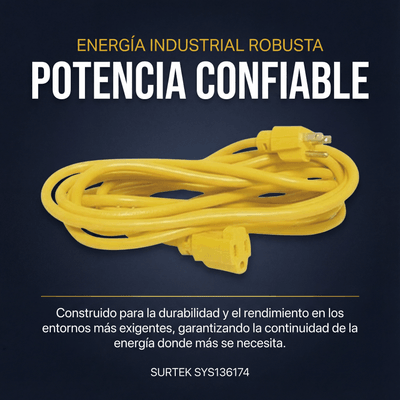 SURTEK - Extensión Eléctrica de Uso Rudo Aterrizada 15 metros / 127 V CA 10 A Máximo / Color Amarillo.