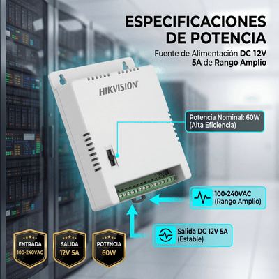 HIKVISION - Fuente de Poder Regulada 12 Vcc / 13.5 Vcc / 15 Vcc para 8 Cámaras / 8 Amperes (1 Amp por Salida) / Voltaje de Entrada 90 - 130 VCA / Filtro de Ruido para Cámaras 4K / Modo para Largas Distancias