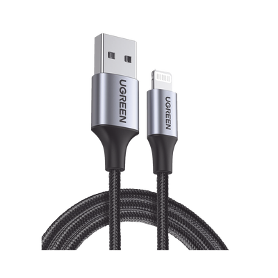 UGREEN - Cable USB-A a Lightning | 1 Metro (3.28 Pies) | Certificado MFi | Carga Rápida 5V/2.4 A | 480 Mbps | Conector C94 | Adecuado para iPhone, iPad y iPod | Protección Integrada | Caja de Aluminio | Nylon Trenzado | Color Negro