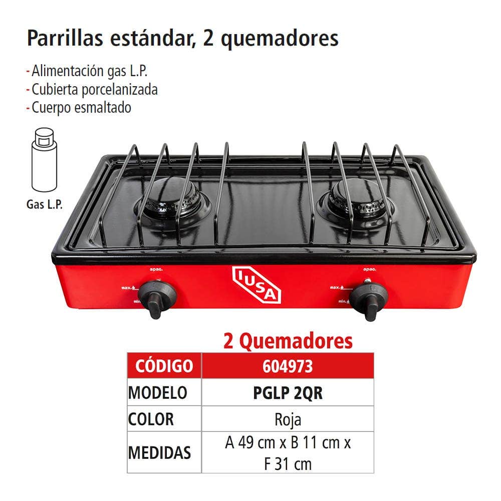 IUSA - Parrilla de gas con 2 quemadores iusa color rojo