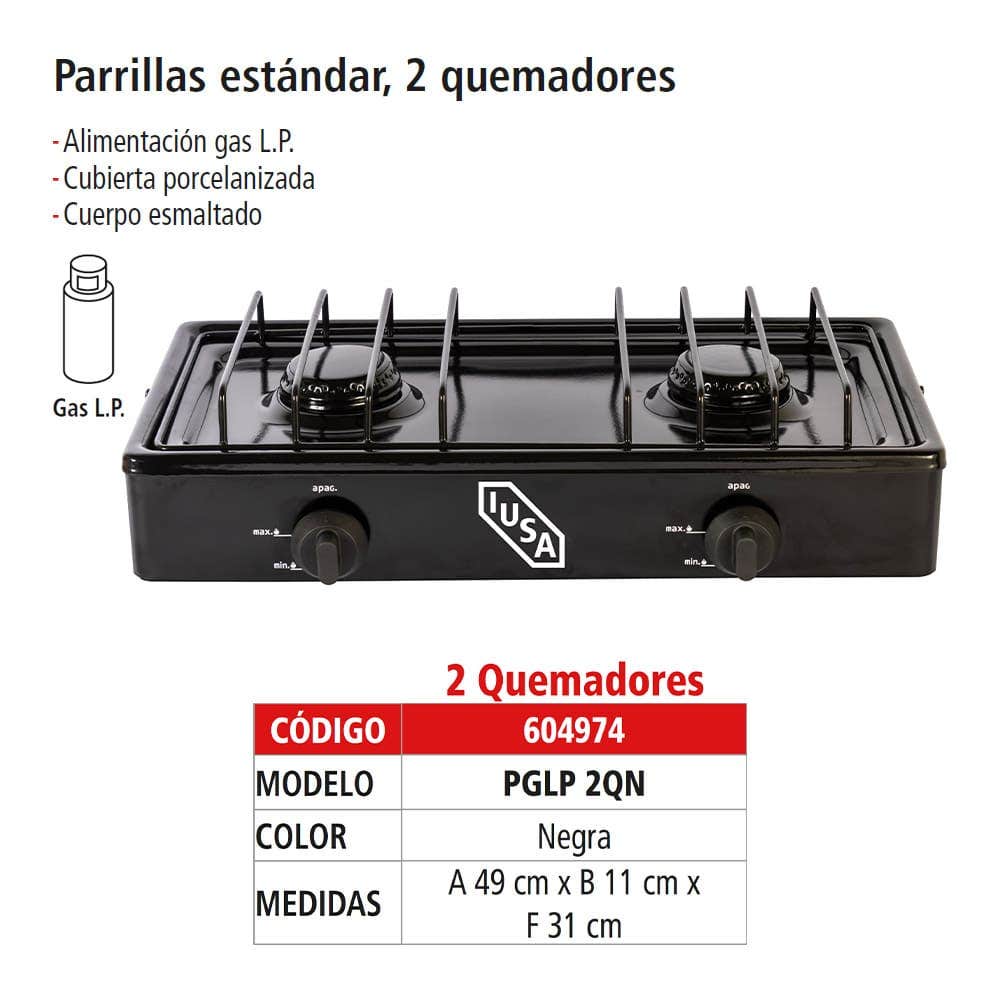 IUSA - Parrilla de gas con 2 quemadores iusa, color negro