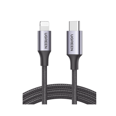 UGREEN - Cable USB-C a Lightning | 1 Metro (3.28 Pies) | Certificado MFi | Carga Rápida 60W | 480 Mbps | Conector C94 | Adecuado para iPhone, iPad y iPod | Protección Integrada | Caja de Aluminio | Nylon Trenzado | Color Negro