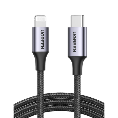 UGREEN - Cable USB-C a Lightning | 2 Metros (6.56 Pies) | Certificado MFi | Carga Rápida 60W | 480 Mbps | Conector C94 | Adecuado para iPhone, iPad y iPod | Protección Integrada | Caja de Aluminio | Nylon Trenzado | Color Negro