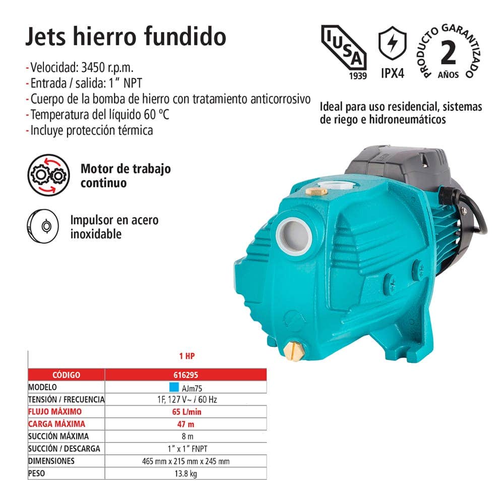 IUSA - Bomba jet hierro fundido 1 HP entrada/salida 1"