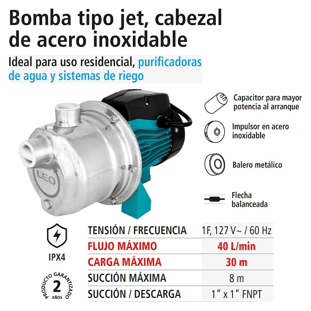 IUSA - Bomba jet con cabezal de acero inoxidable 1 hp
