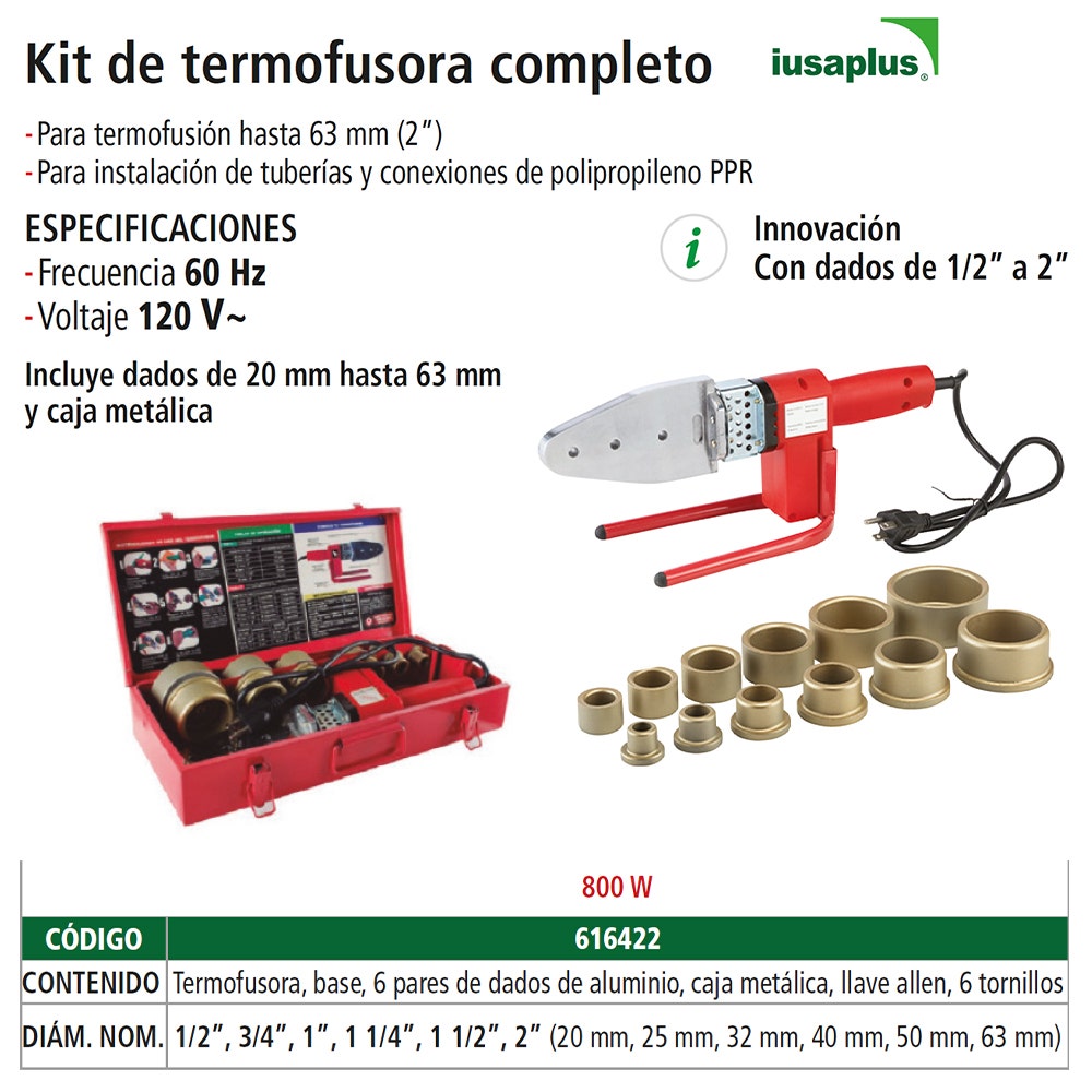 IUSA - kit de termofusión completo iusaplus 800 w 120 v