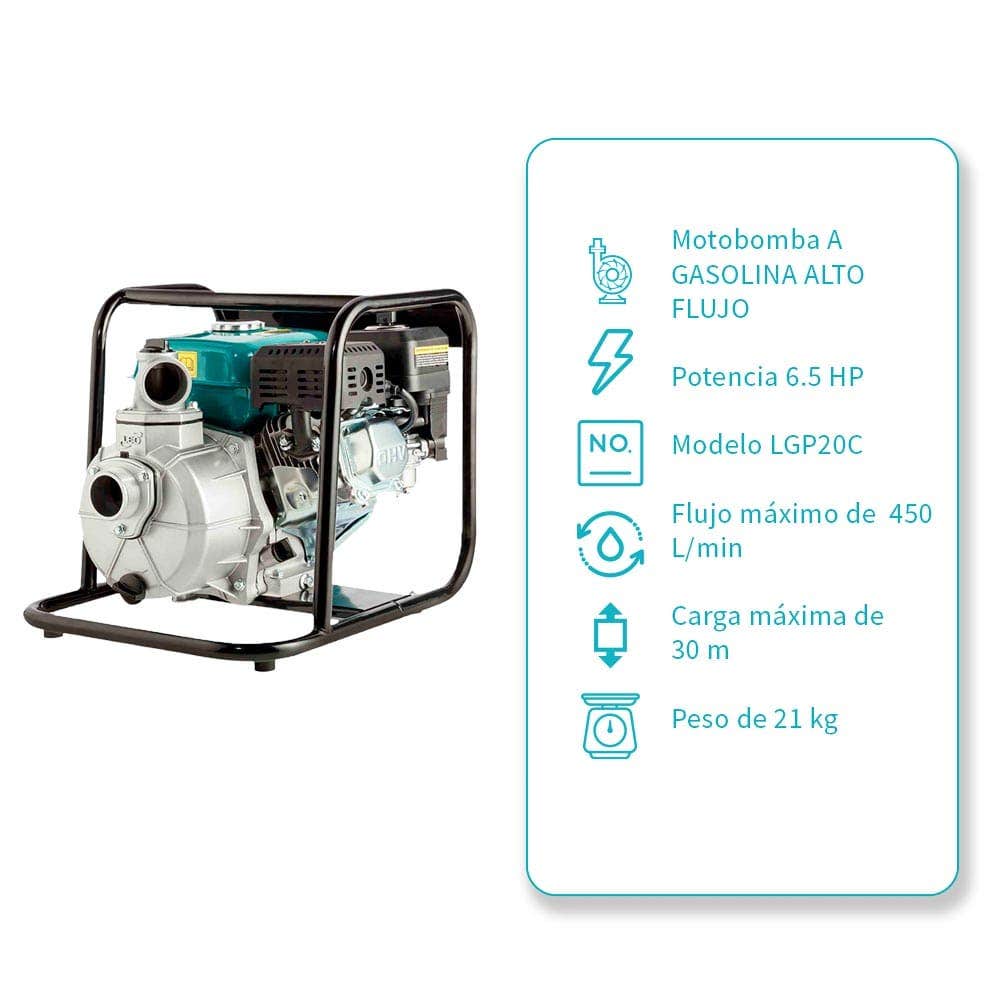 IUSA - Motobomba a gasolina 6.5 HP, 2” entrada/salida, IUSA