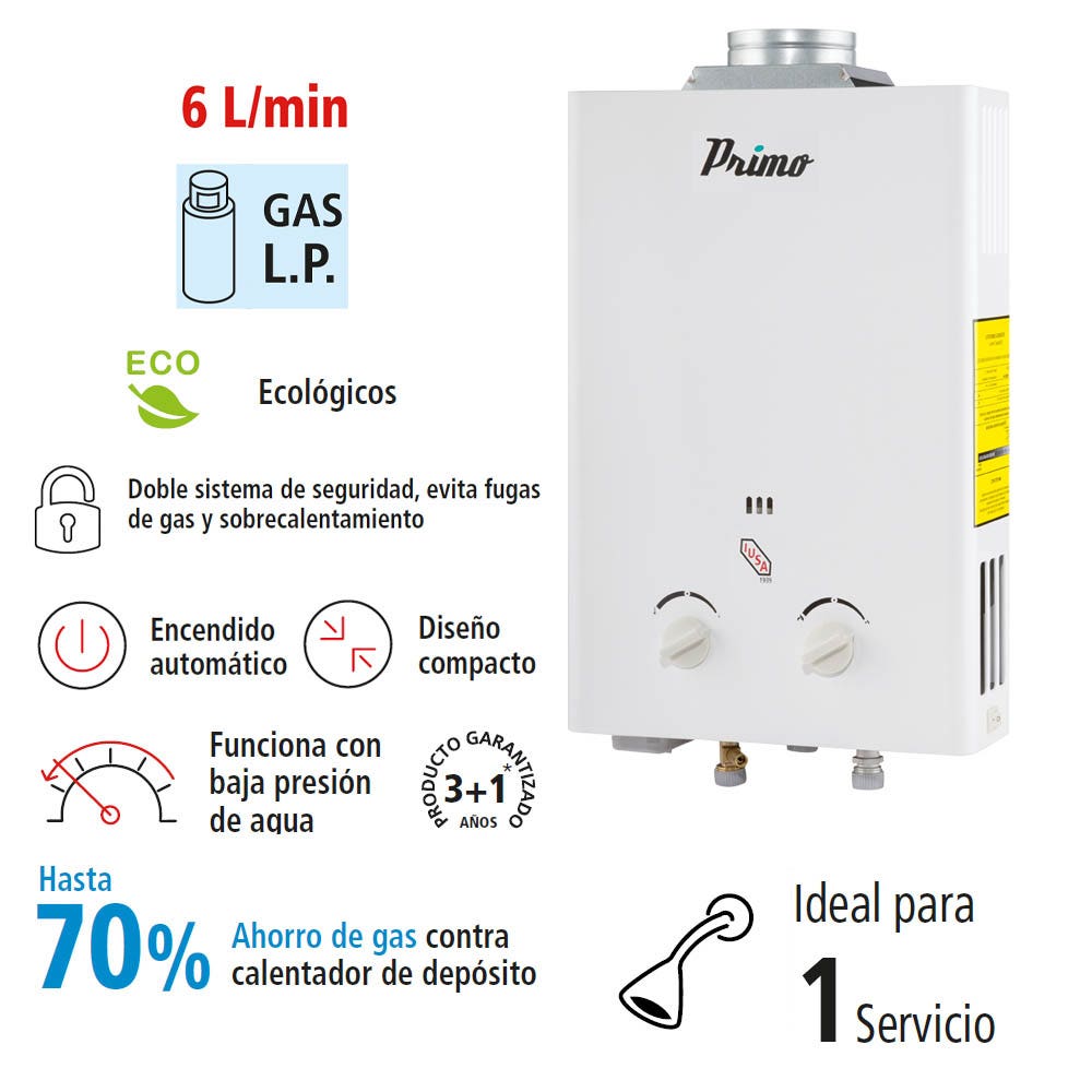 IUSA - Calentador de agua instantáneo 6 L/min Primo IUSA