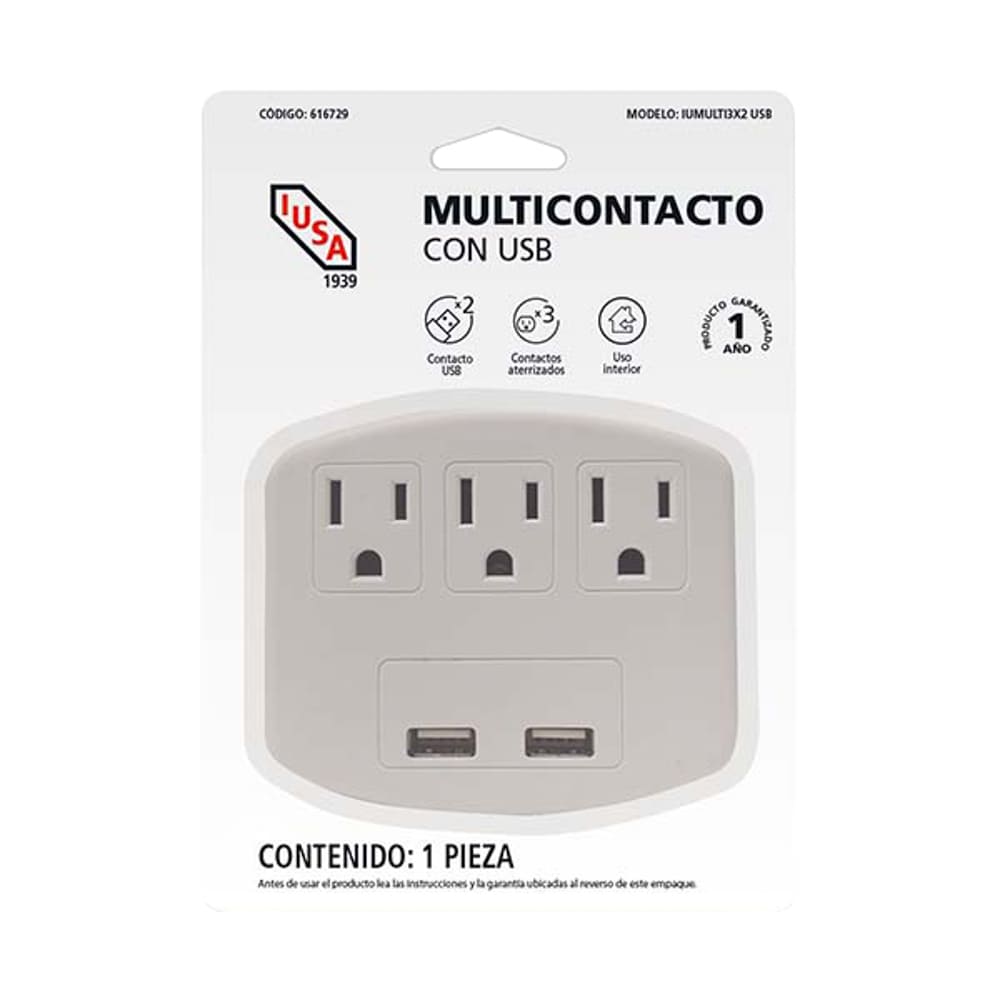 IUSA - Multicontacto con 3 entradas y 2 puertos USB