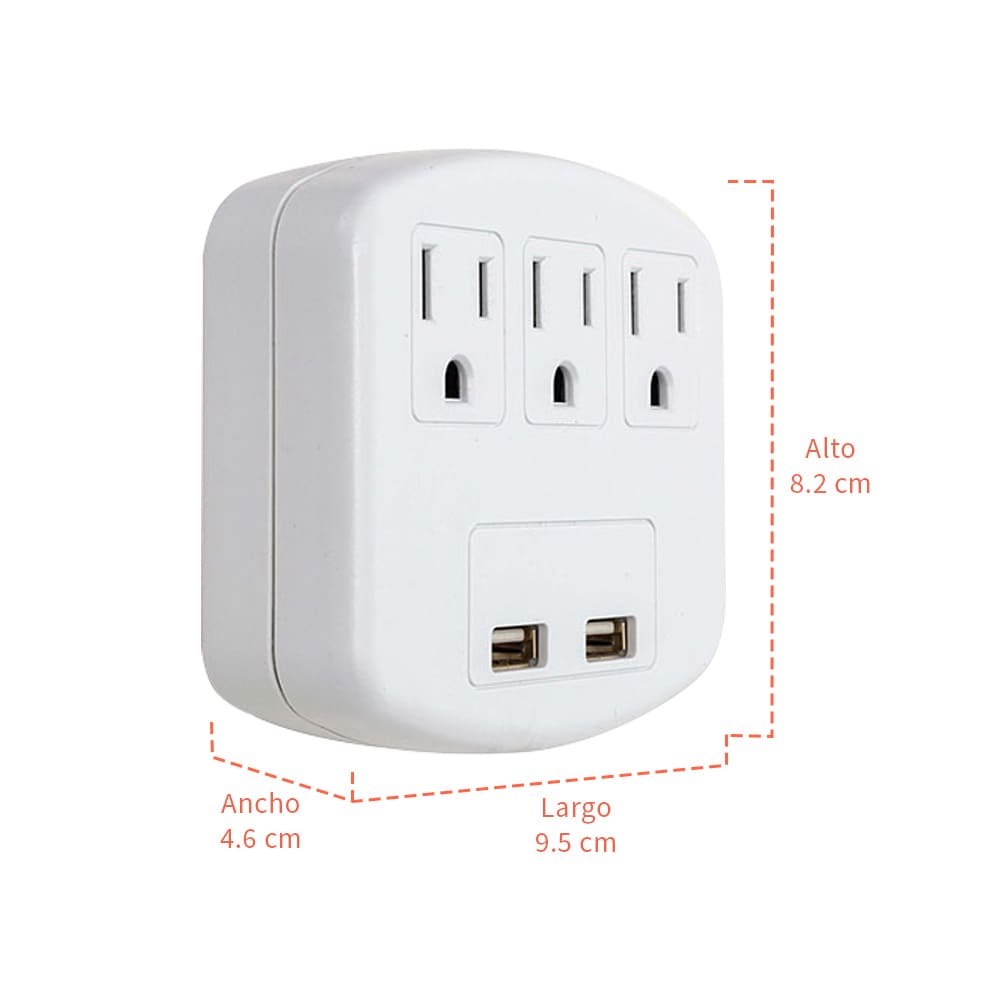 IUSA - Multicontacto con 3 entradas y 2 puertos USB
