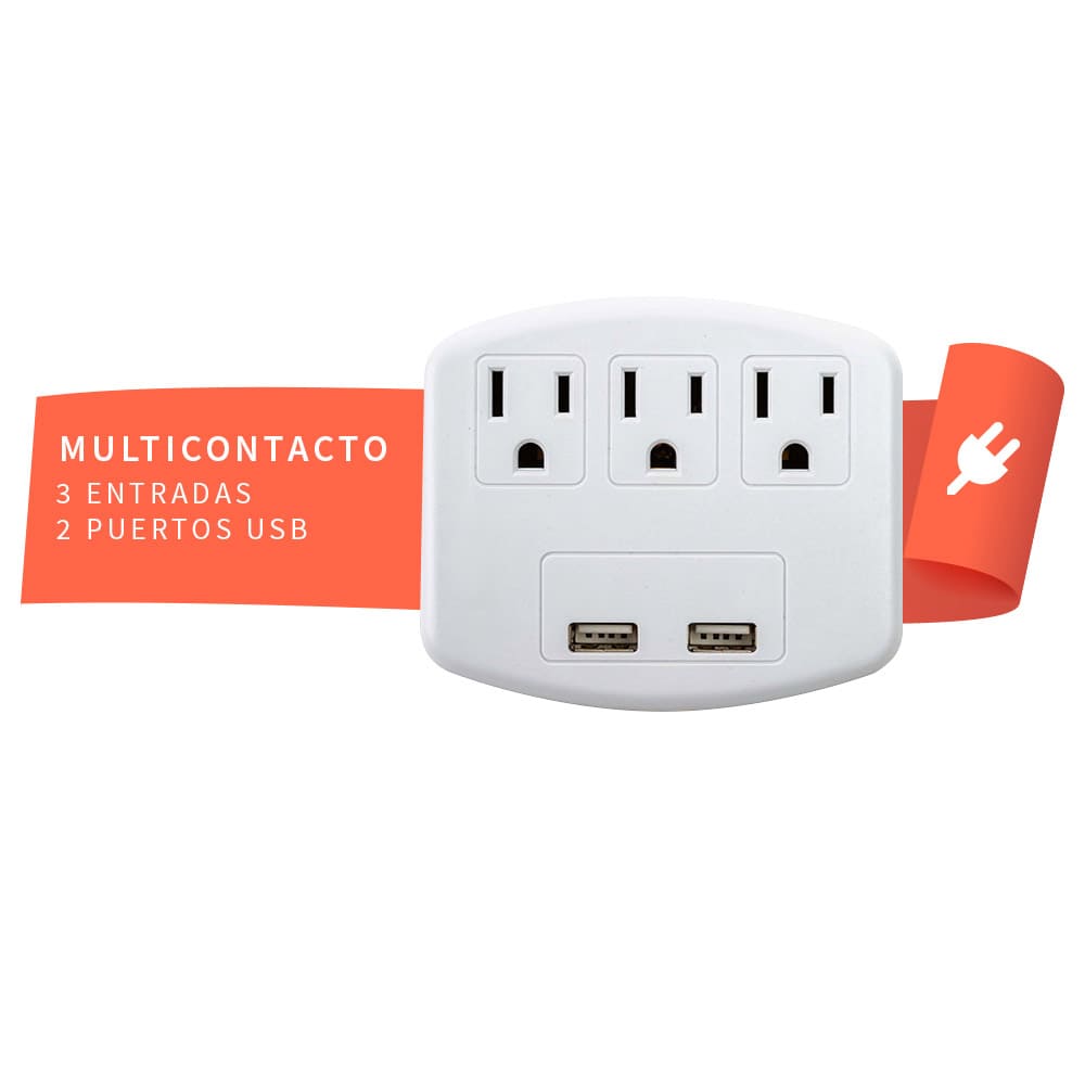 IUSA - Multicontacto con 3 entradas y 2 puertos USB