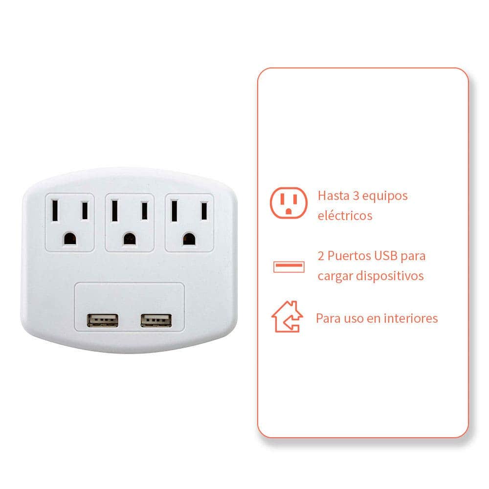 IUSA - Multicontacto con 3 entradas y 2 puertos USB
