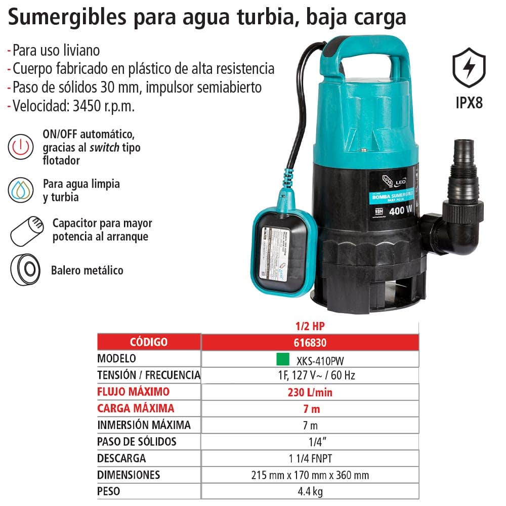IUSA - Bomba sumergible para agua limpia y turbia 0.5 hp