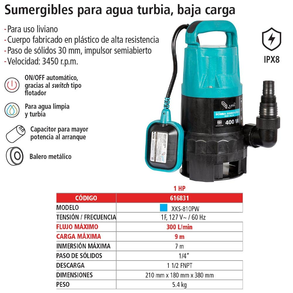 IUSA - Bomba sumergible 1 HP para agua limpia y turbia