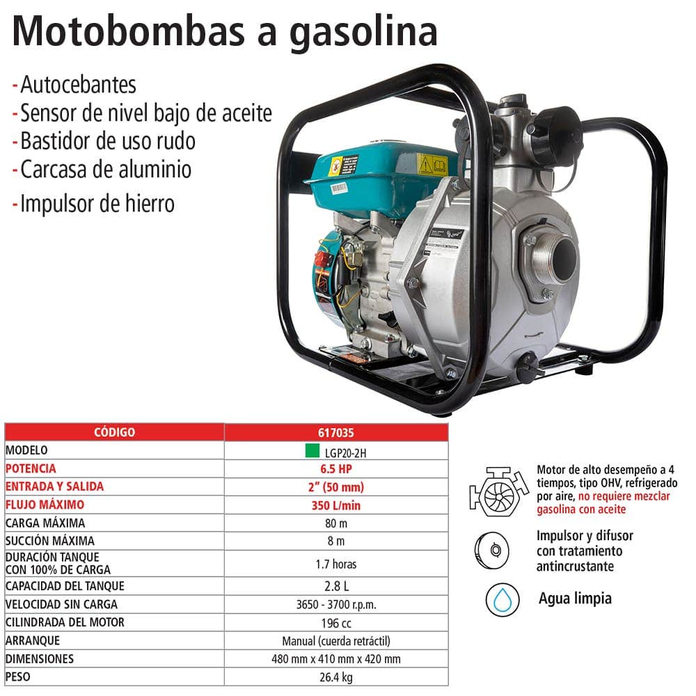 IUSA - Motobomba a gasolina 6.5 HP, alta presión, IUSA