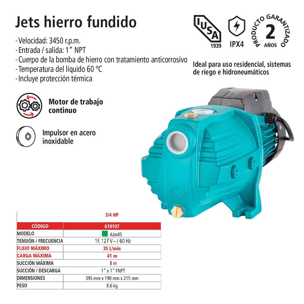 IUSA - Bomba jet de hierro fundido 3/4 hp entrada/salida 1" iusa