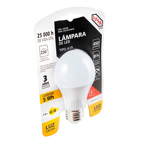 IUSA - Foco LED A19 en blister, luz cálida 5 W, IUSA