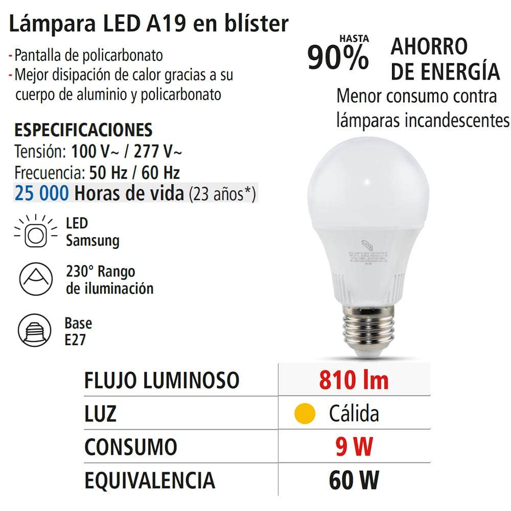IUSA - Foco LED A19 en blíster, luz cálida 9 W, IUSA