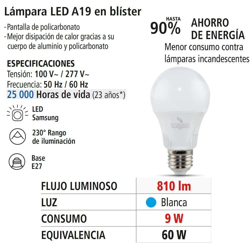 IUSA - Foco LED A19 en blister, luz blanca 9W, IUSA